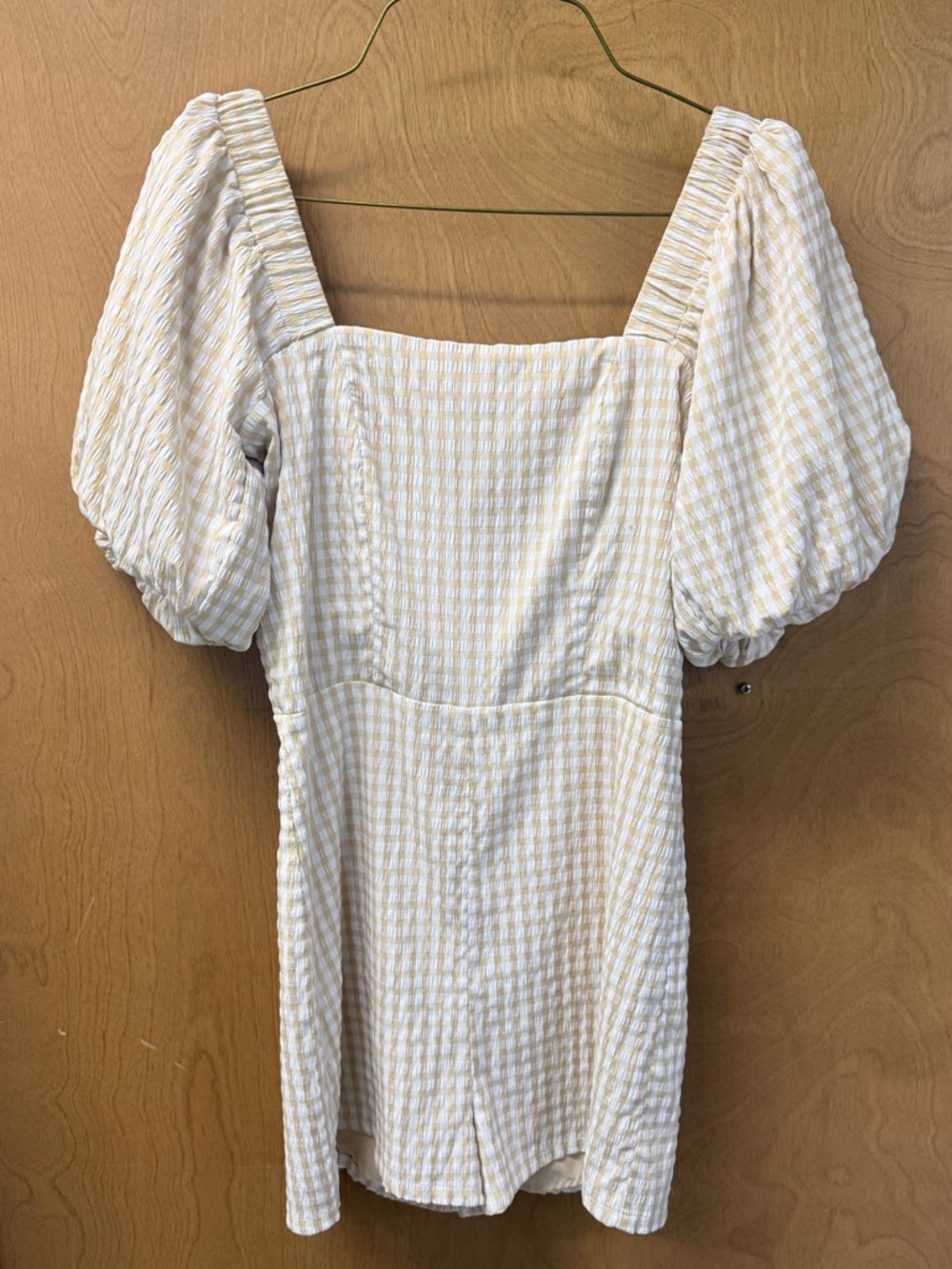 Lena Beige Gingham Puff-Sleeve Mini Dress